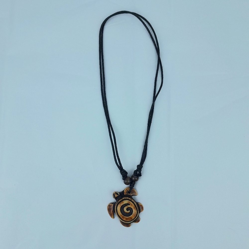 Wooden Carved Island Turtle Swirl Back Adjustable Necklace